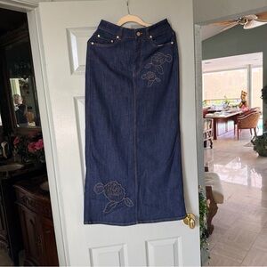 Ganni Blue Denim Maxi Skirt with Floral Embroidery